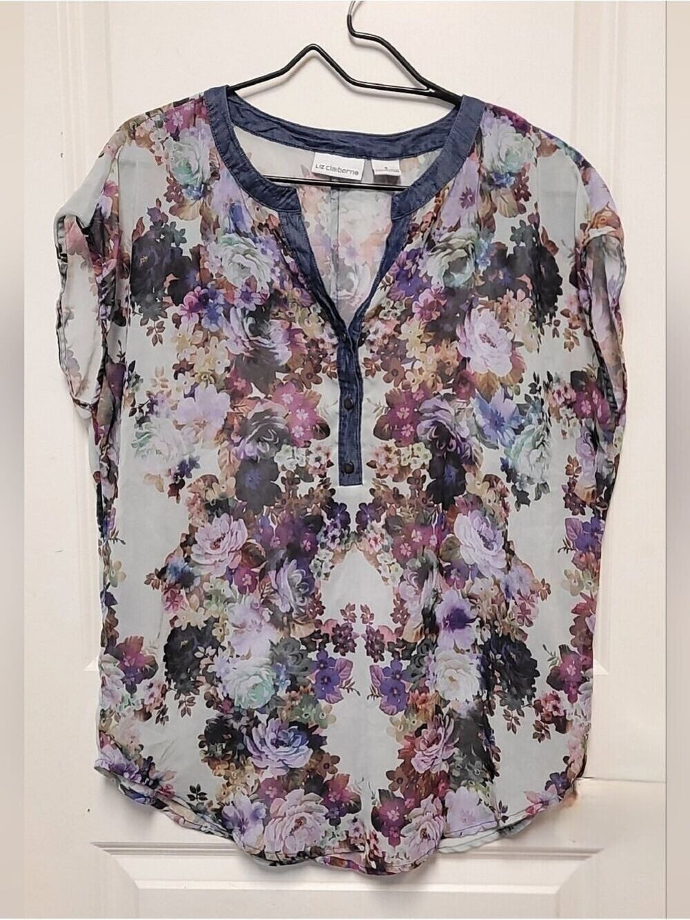 Liz Claiborne Floral Sheer Blouse in Navy, Purple, Pink